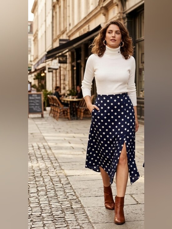 Mango Dresses & Skirts - MANGO Casual Navy Polka Dot Asymmetrical Midi Skirt Front Slit Size S Small